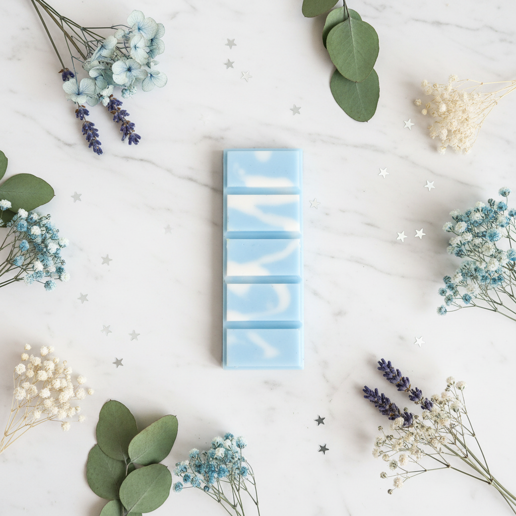 Blue swirl snap bar - marble flat lay