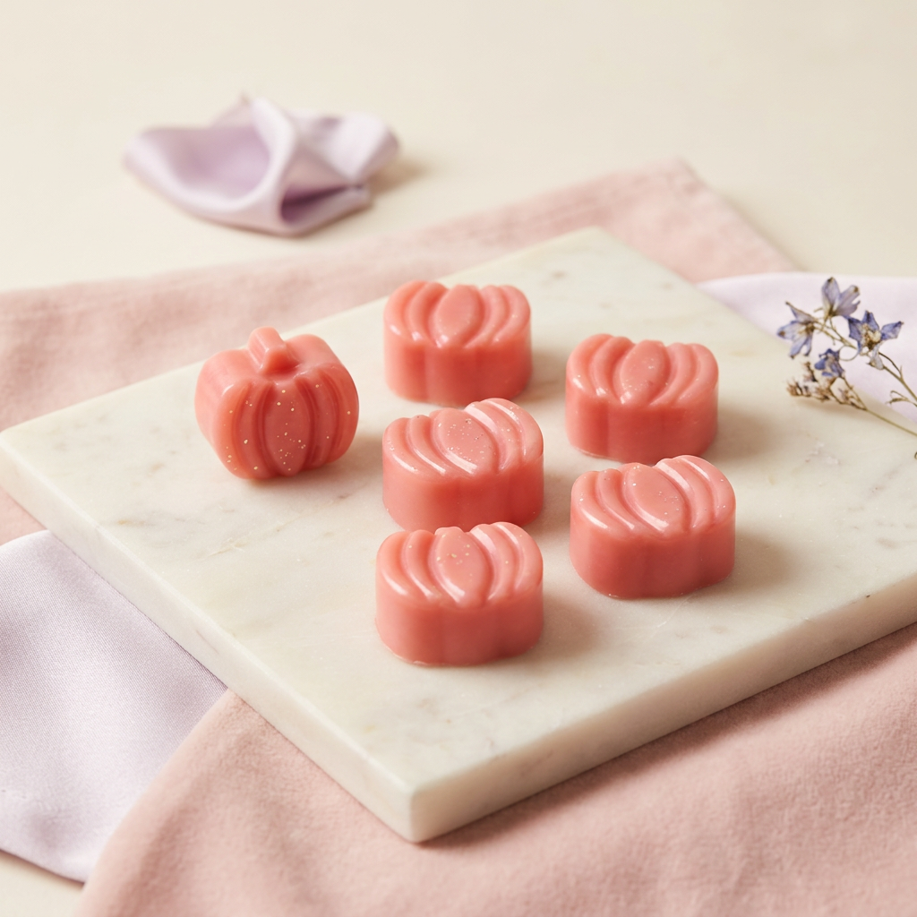 Luxury pink pumpkin wax melts with marble and lilac styling