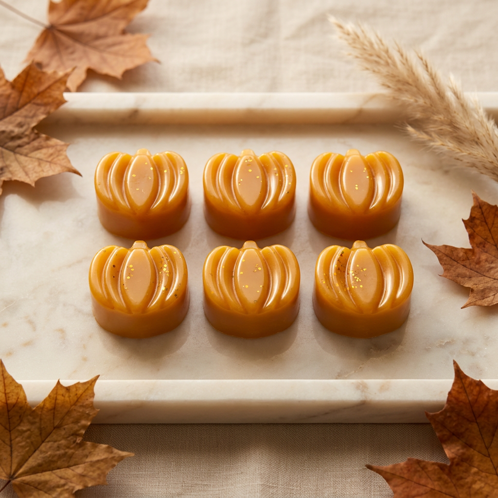Orange pumpkin wax melts with autumn styling
