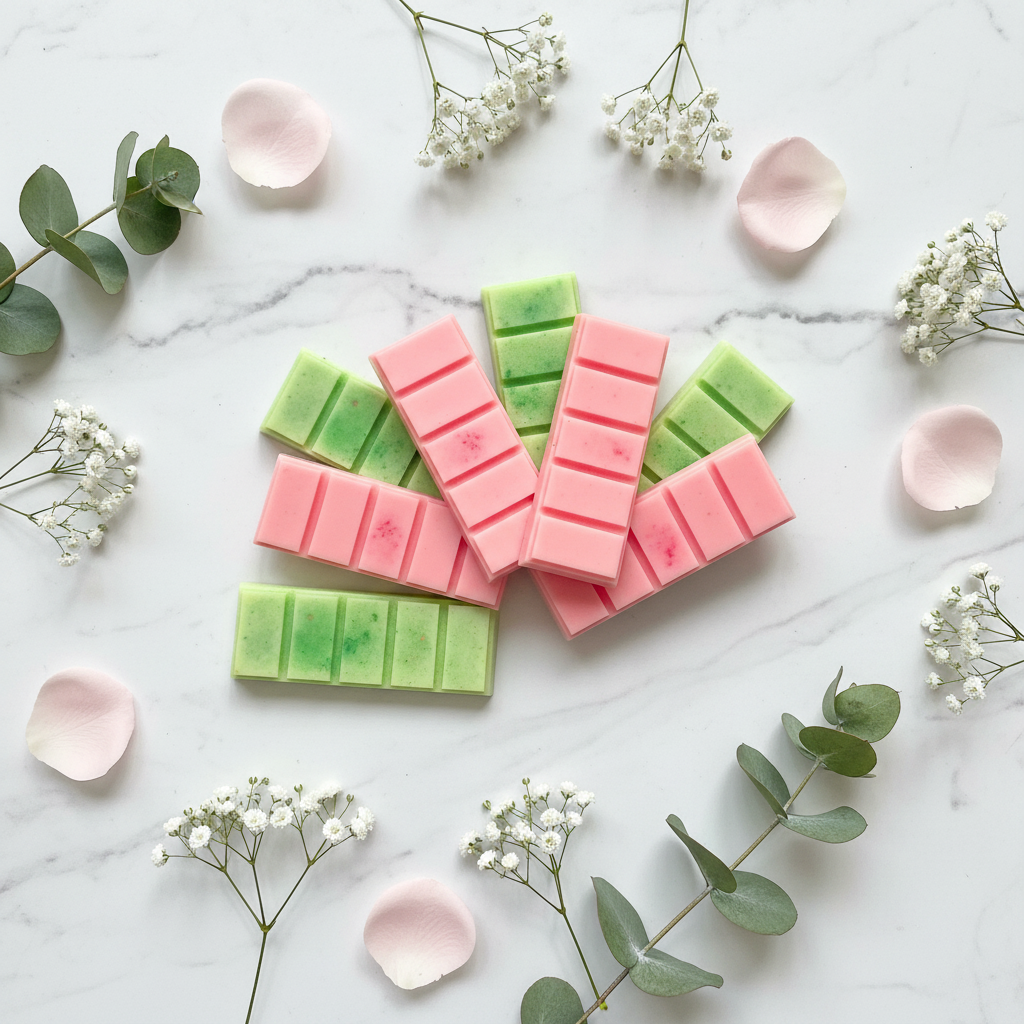 Pink & green snap bars - marble flat lay