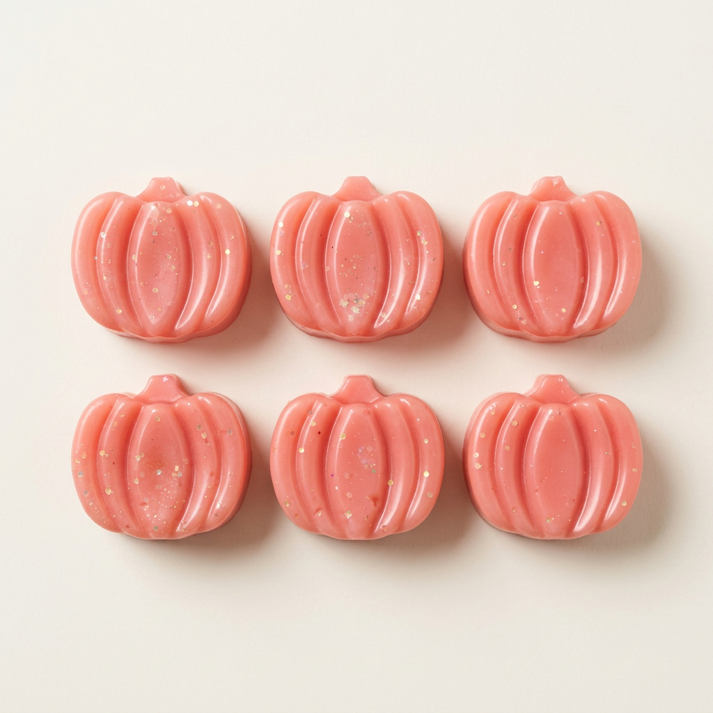 Pink pumpkin wax melts on a clean cream background